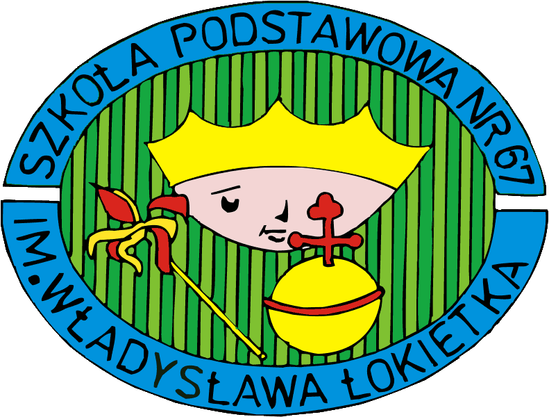 logo szkoły-kształt owalny  w obwodzie nazwa szkoły z numerem i patronem  posrodku twarz dziecka z koroną i atrybutami króla władysława Łokietka -kolor  niebiesko żółty z elementami czerwieni