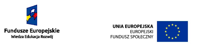 Obrazek przedstawiający logo Funduszu Europejskiego - Wiedza Edukacja Rozwój oraz flagę Unii Europejskiej - Europejski Fundusz Społeczny